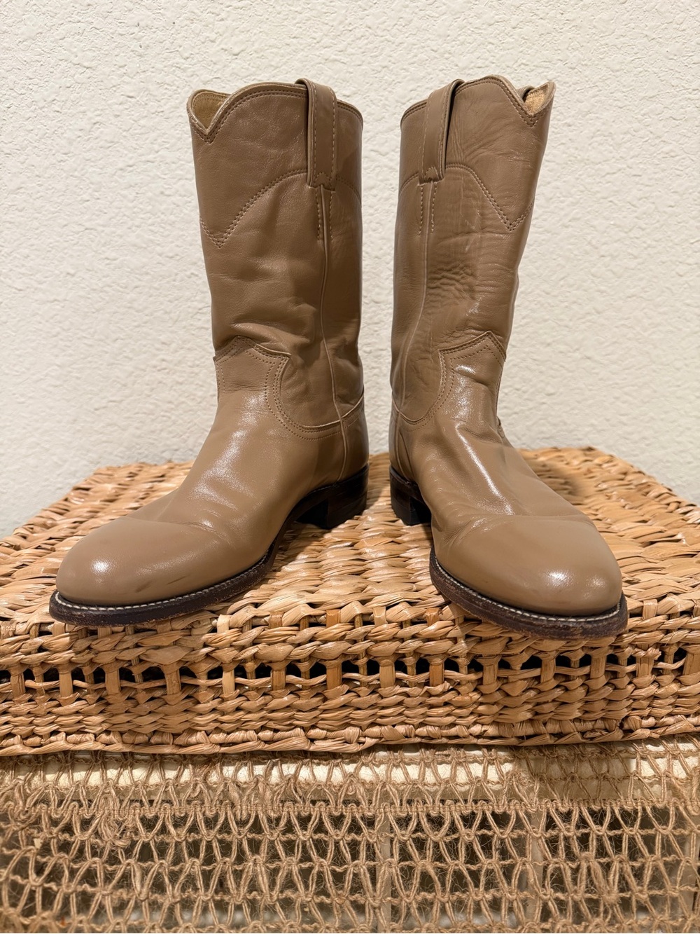 Justin Boots Taupe Leather Western Mid-Calf Heeled Boots